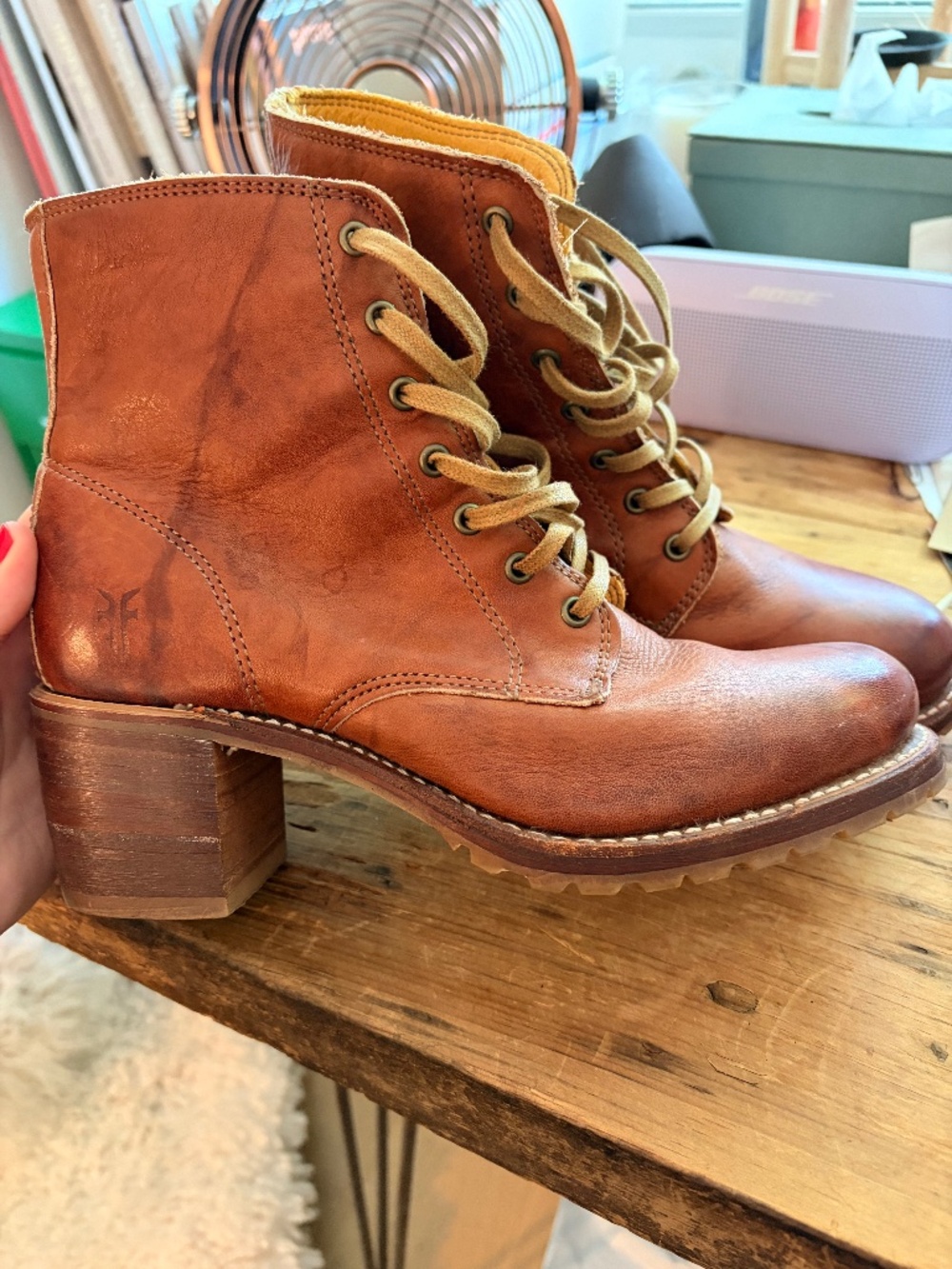 Frye Leather Boots, Distressed, Heels, US 8.5, Almost New - Picture 6 of 11
